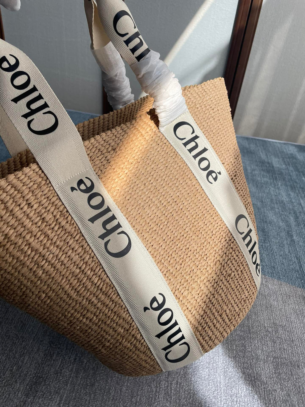 Lagre Woody Tote Bag 48 in Natural Fibers Beige Webbing Brown Calfskin