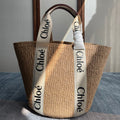 Lagre Woody Tote Bag 48 in Natural Fibers Beige Webbing Brown Calfskin