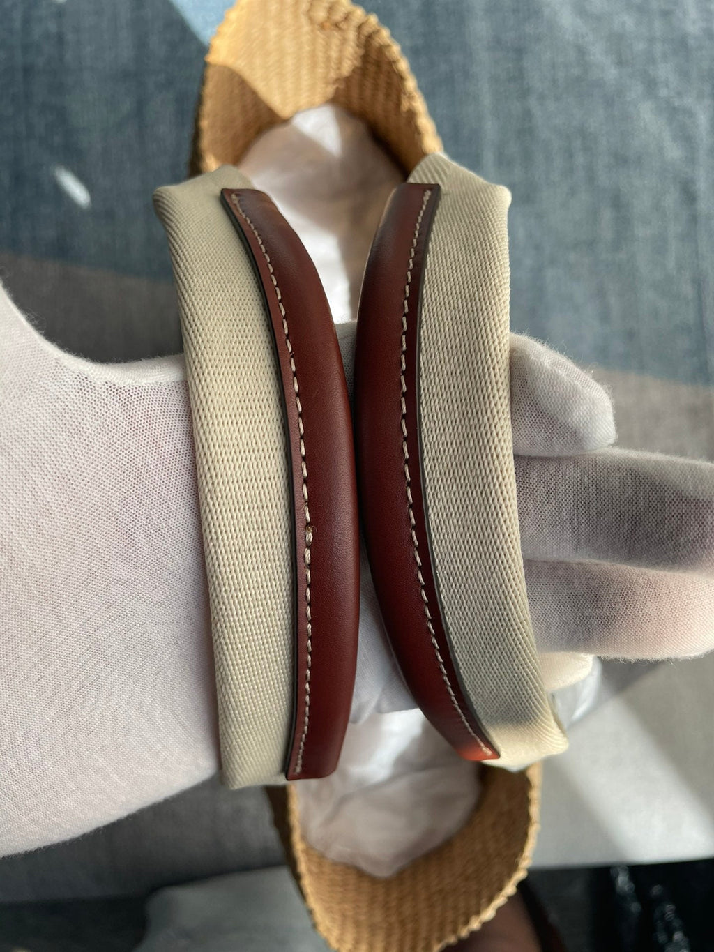 Lagre Woody Tote Bag 48 in Natural Fibers Beige Webbing Brown Calfskin