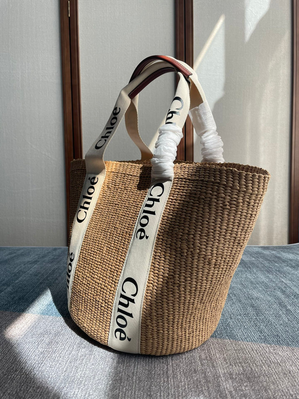 Lagre Woody Tote Bag 48 in Natural Fibers Beige Webbing Brown Calfskin