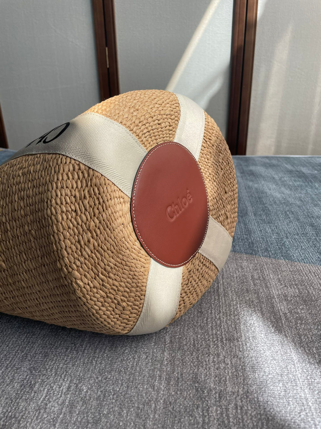 Lagre Woody Tote Bag 48 in Natural Fibers Beige Webbing Brown Calfskin