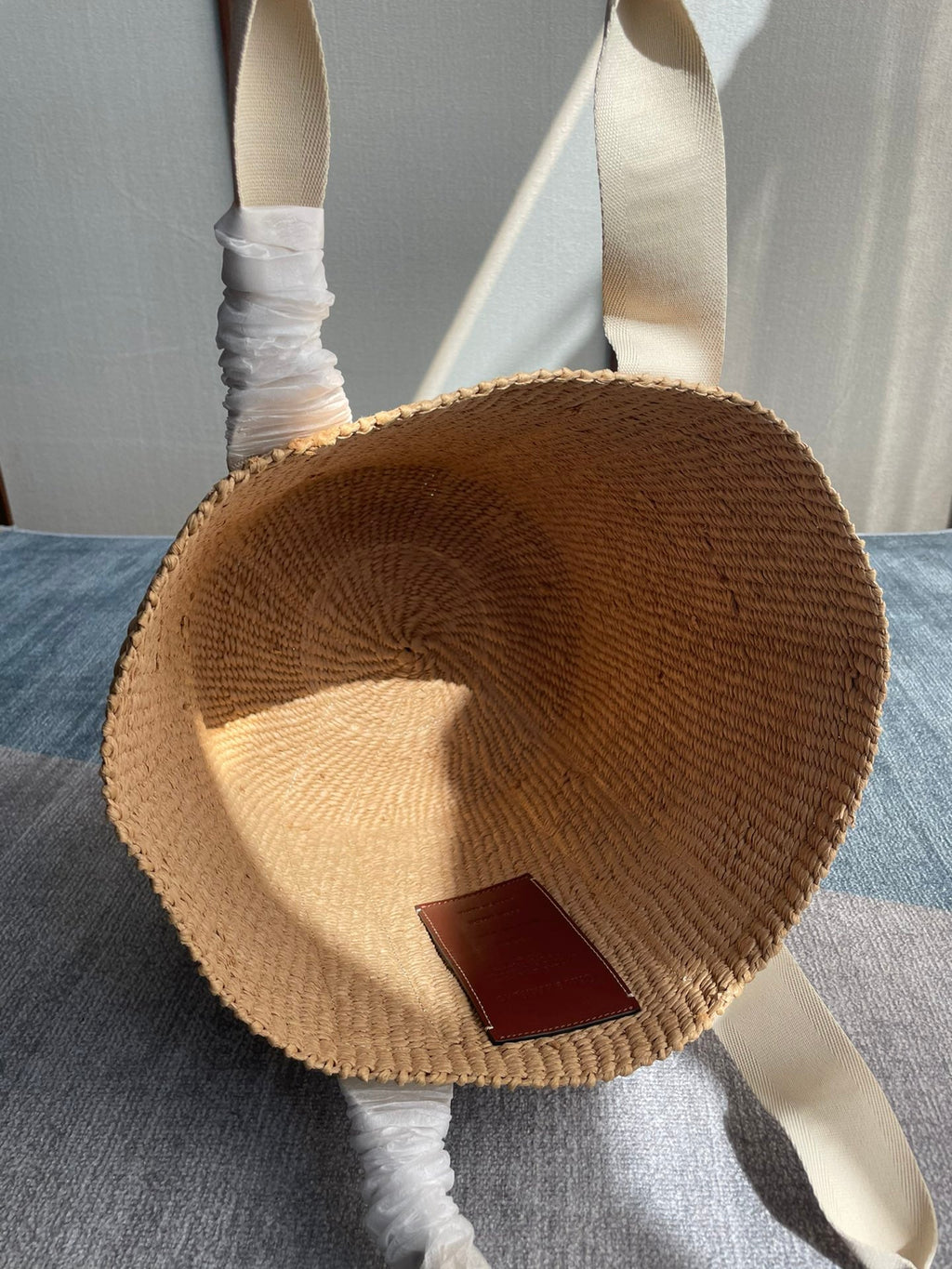 Lagre Woody Tote Bag 48 in Natural Fibers Beige Webbing Brown Calfskin