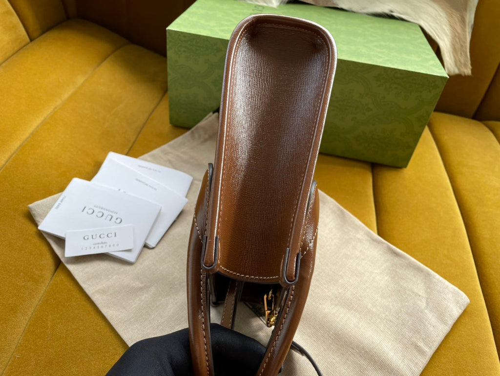 Gucci Mini Tote 20 Bag in Beige Canvas and Brown Calfskin