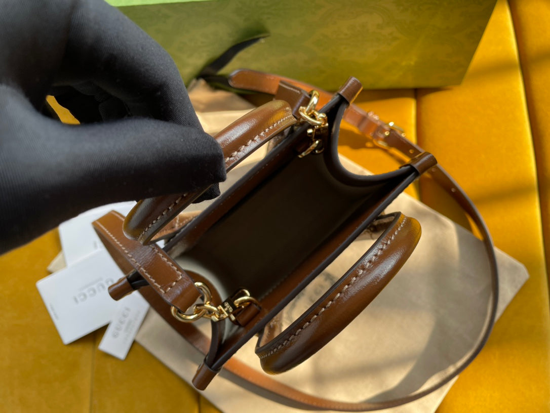 Gucci Mini Tote 20 Bag in Beige Canvas and Brown Calfskin