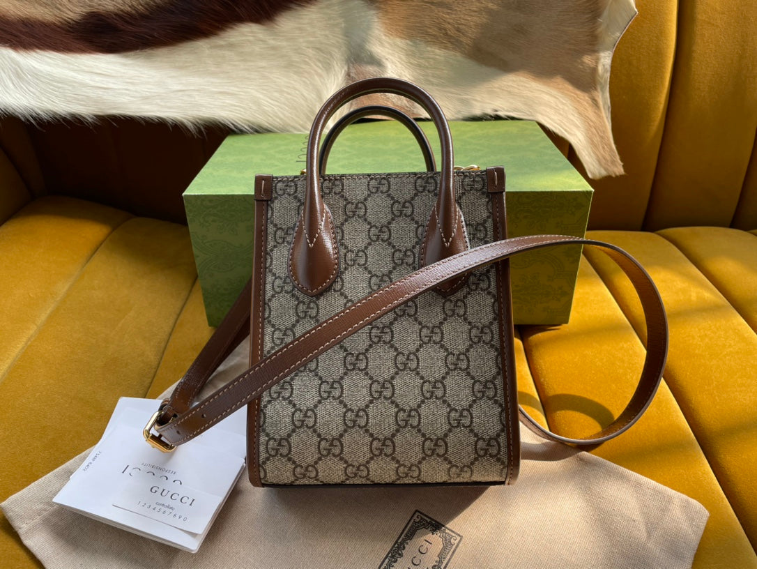 Gucci Mini Tote 20 Bag in Beige Canvas and Brown Calfskin