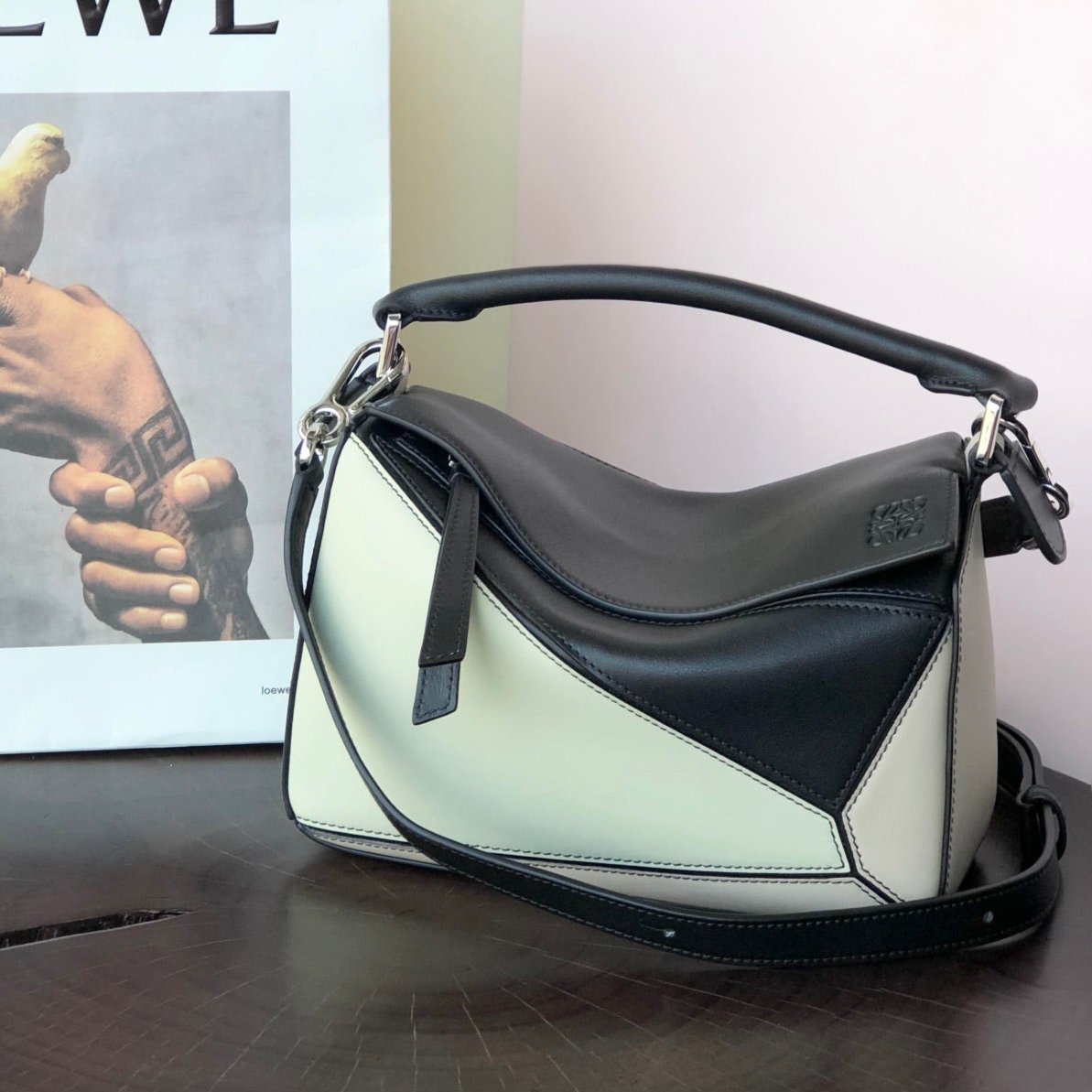 Loewe Mini Puzzle 18 Bag in Black Mix White Calfskin