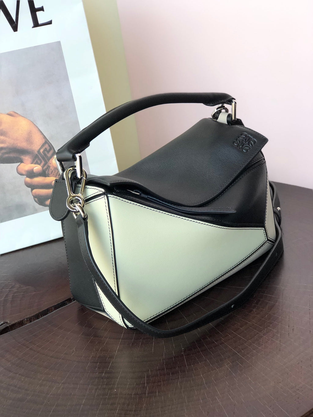 Loewe Mini Puzzle 18 Bag in Black Mix White Calfskin