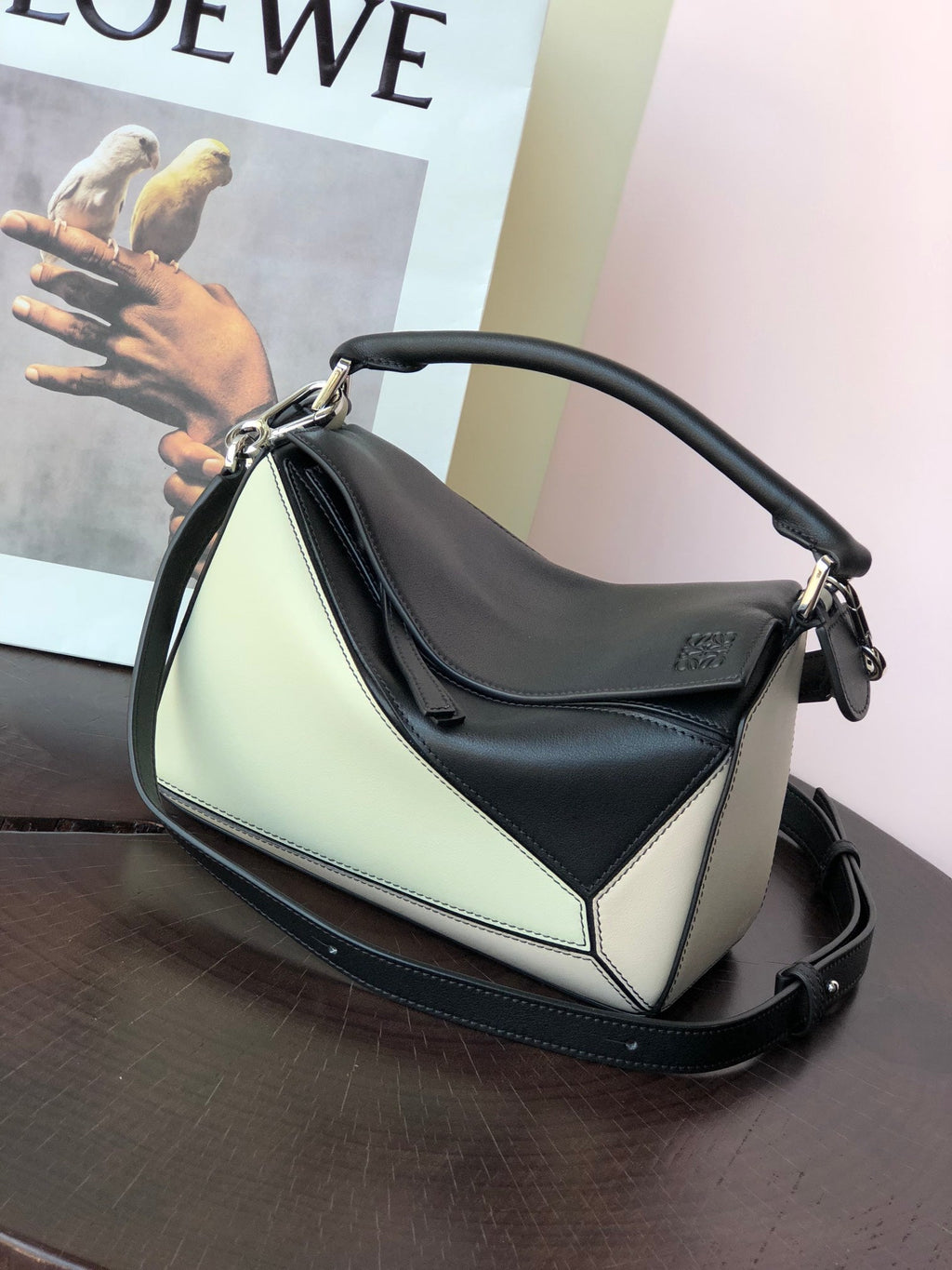 Loewe Mini Puzzle 18 Bag in Black Mix White Calfskin