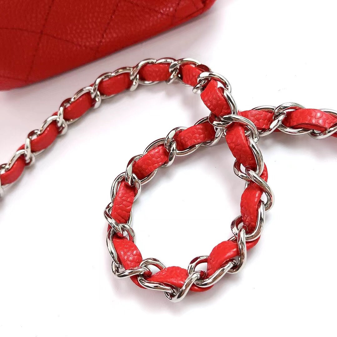 Chanel Mini Square Flap Bag 17cm Red Caviar Silver Hardware