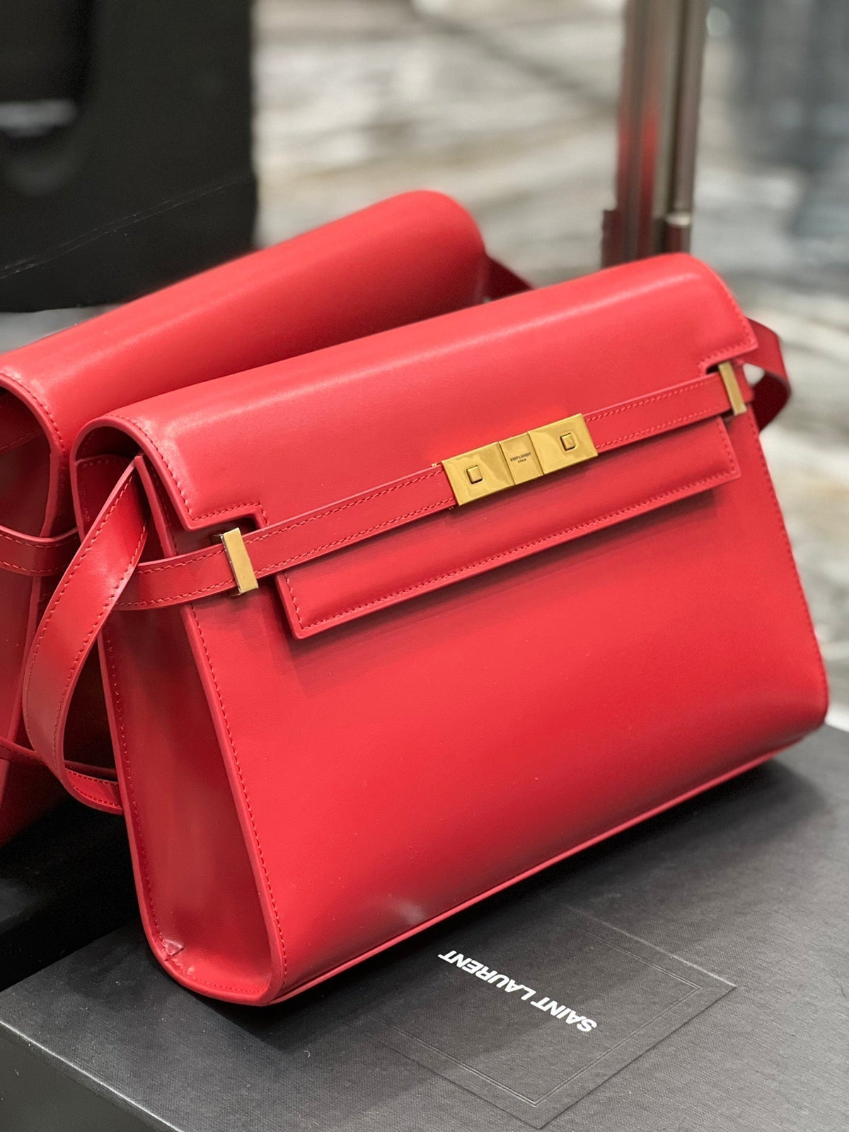 Saint Laurent Mahattan in Box 29 Red Calfskin Gold Hardware Bag