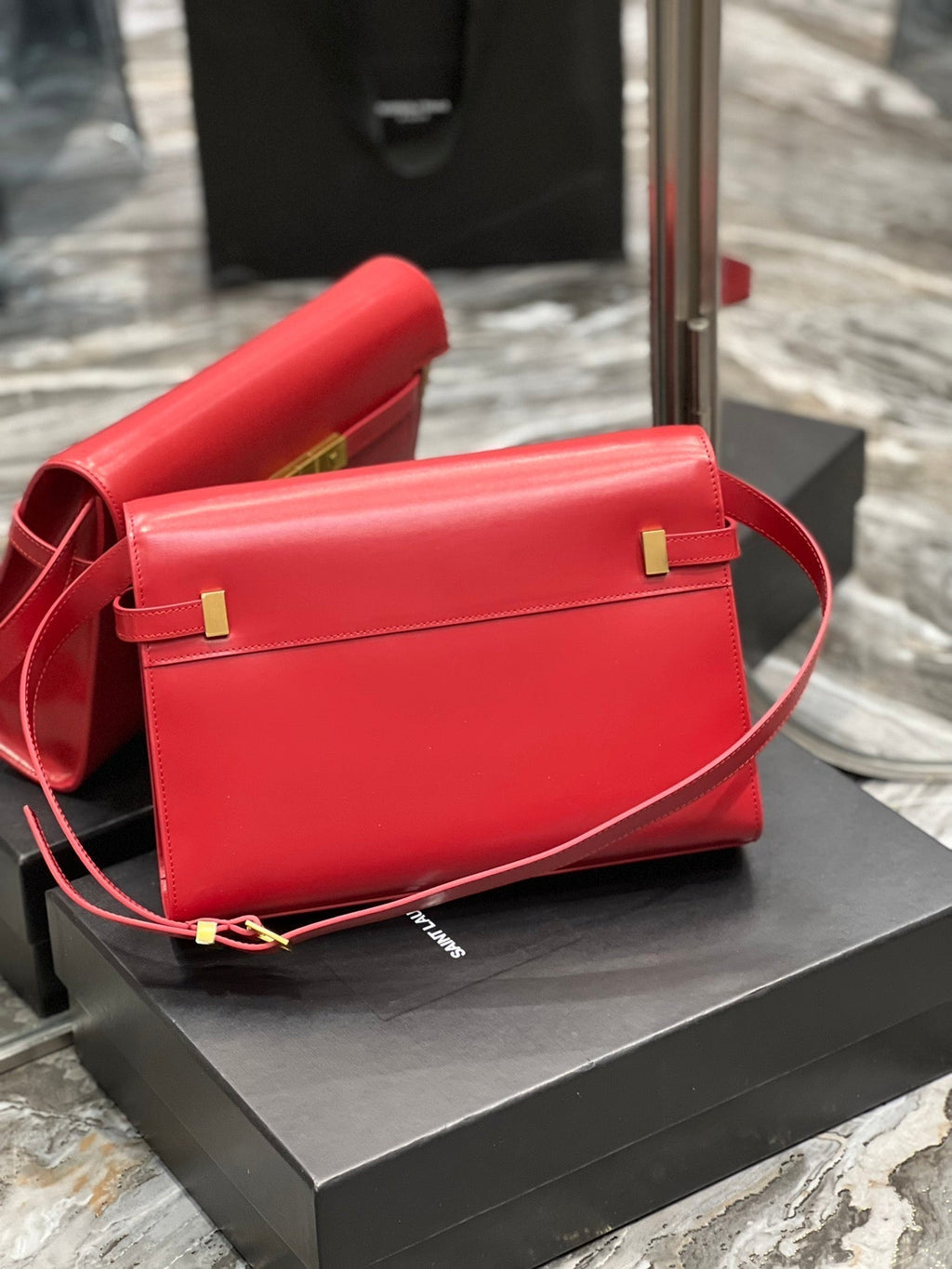 Saint Laurent Mahattan in Box 29 Red Calfskin Gold Hardware Bag