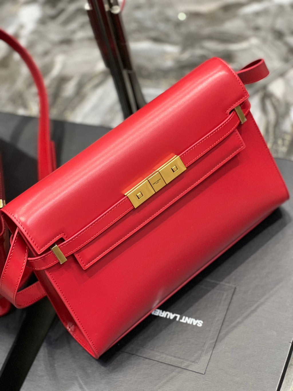 Saint Laurent Mahattan in Box 29 Red Calfskin Gold Hardware Bag