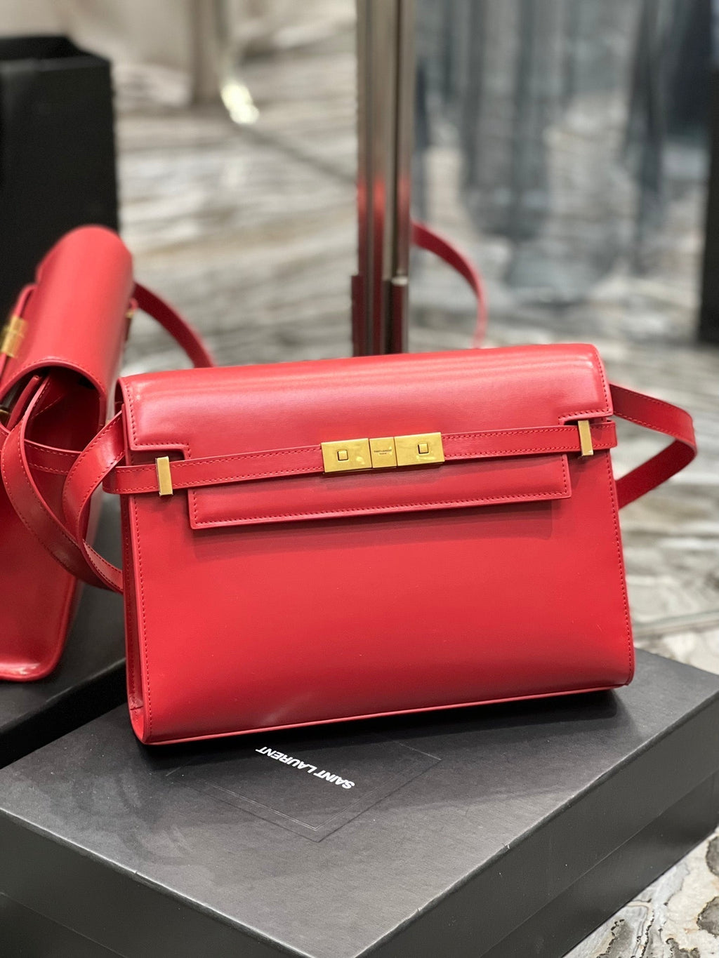 Saint Laurent Mahattan in Box 29 Red Calfskin Gold Hardware Bag
