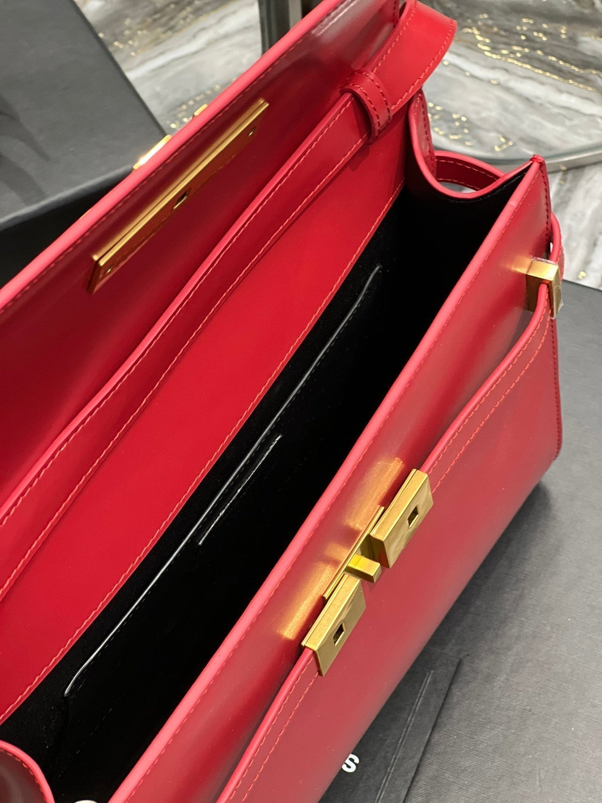 Saint Laurent Mahattan in Box 29 Red Calfskin Gold Hardware Bag