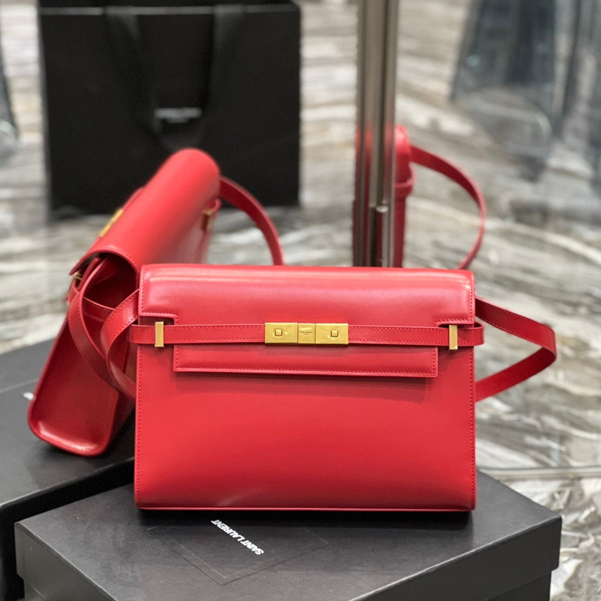 Saint Laurent Mahattan in Box 29 Red Calfskin Gold Hardware Bag