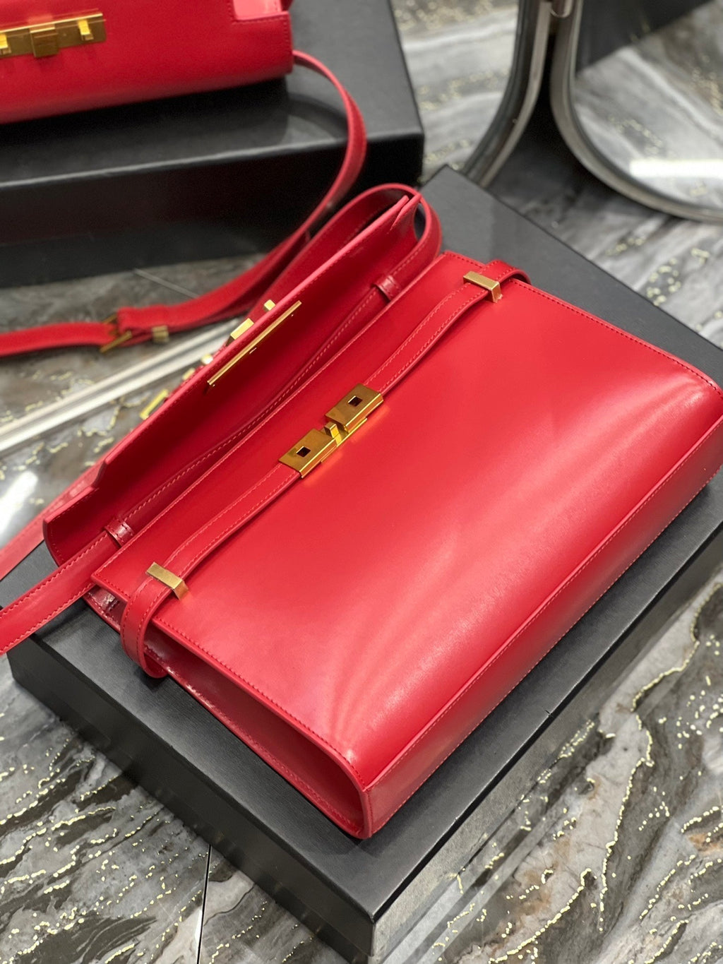 Saint Laurent Mahattan in Box 29 Red Calfskin Gold Hardware Bag