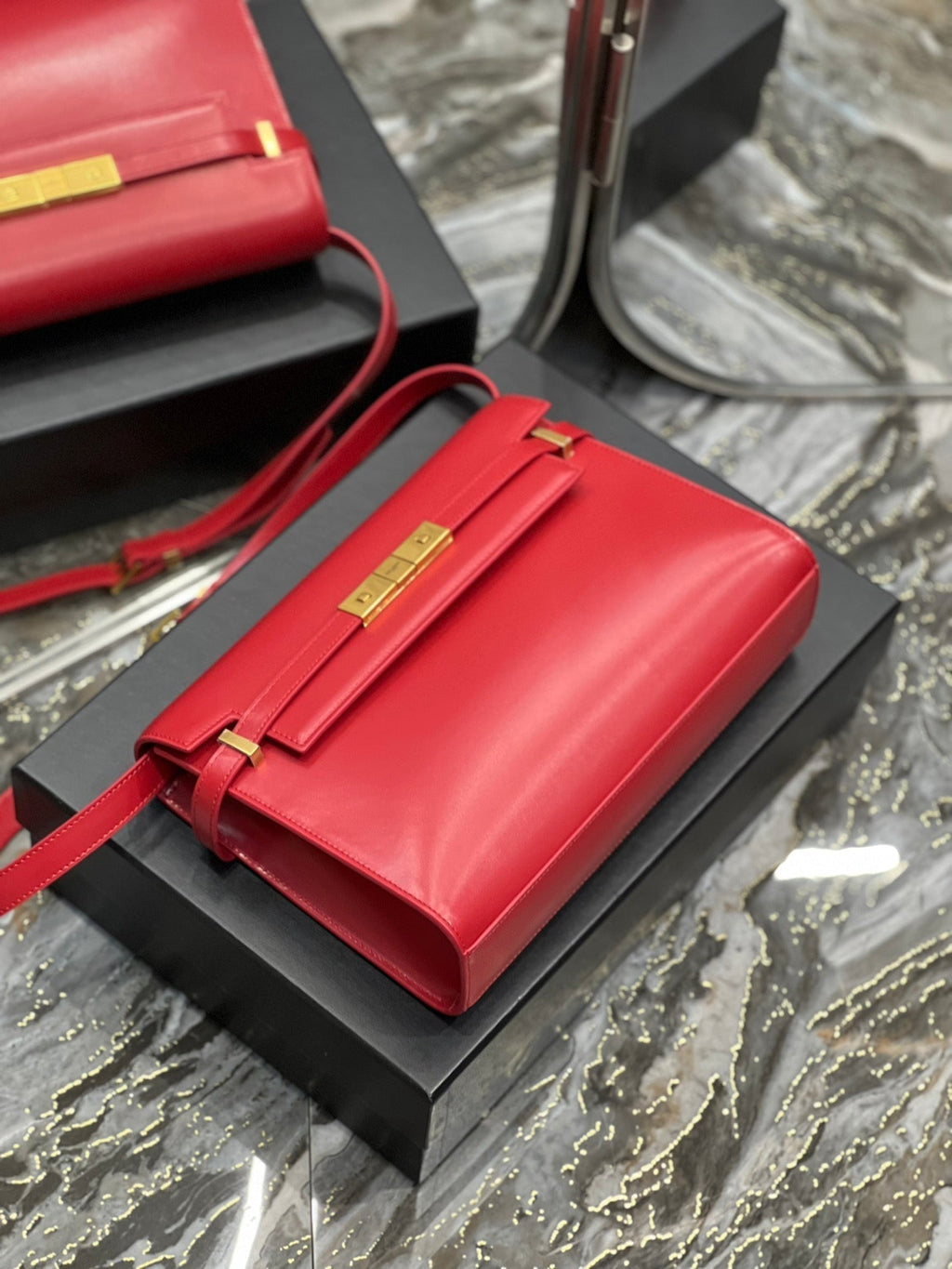 Saint Laurent Mahattan in Box 29 Red Calfskin Gold Hardware Bag