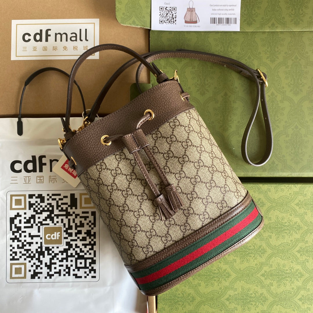 Gucci Ophidia Medium Bucket Bag 26 with Web in Beige Ebony Canvas Mix Brown Calfskin
