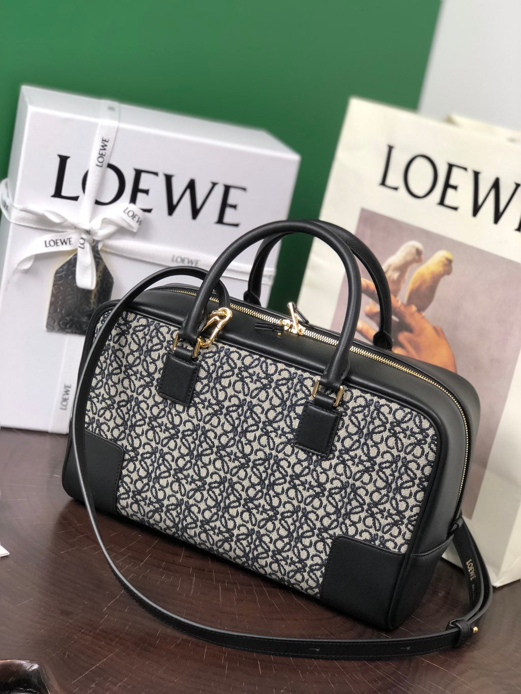 Loewe Amazona 28 Bag in Black Calfskin and Beige Monogram Fabric