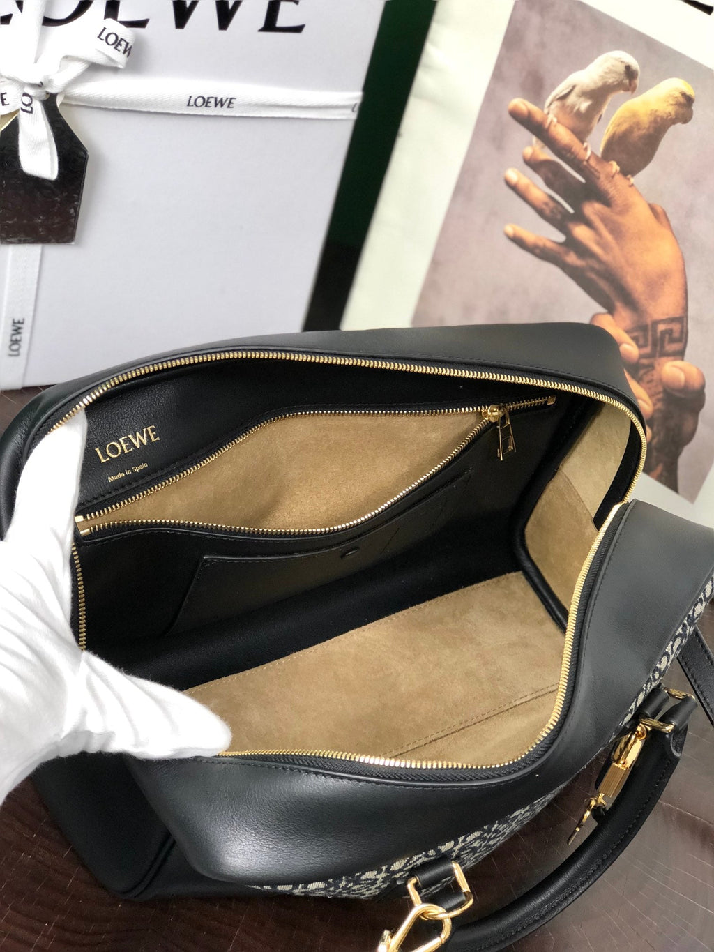 Loewe Amazona 28 Bag in Black Calfskin and Beige Monogram Fabric