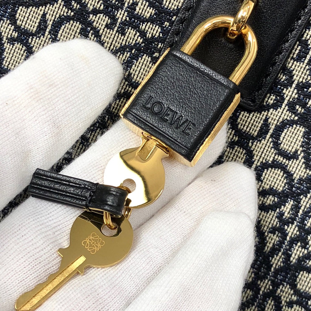 Loewe Amazona 28 Bag in Black Calfskin and Beige Monogram Fabric
