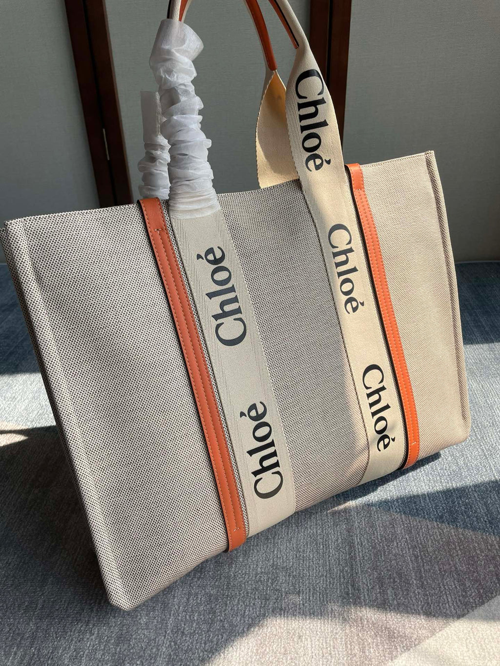 Lagre Woody Tote Bag 45 in Beige Linen Canvas Black Webbing Logo Embroider Orange Calfskin