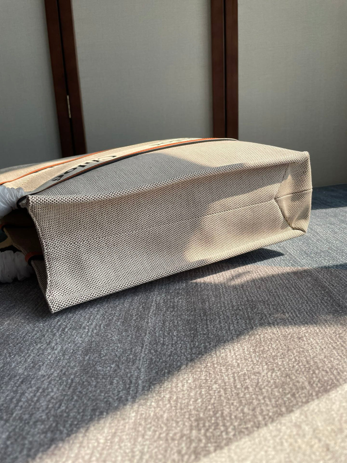 Lagre Woody Tote Bag 45 in Beige Linen Canvas Black Webbing Logo Embroider Orange Calfskin