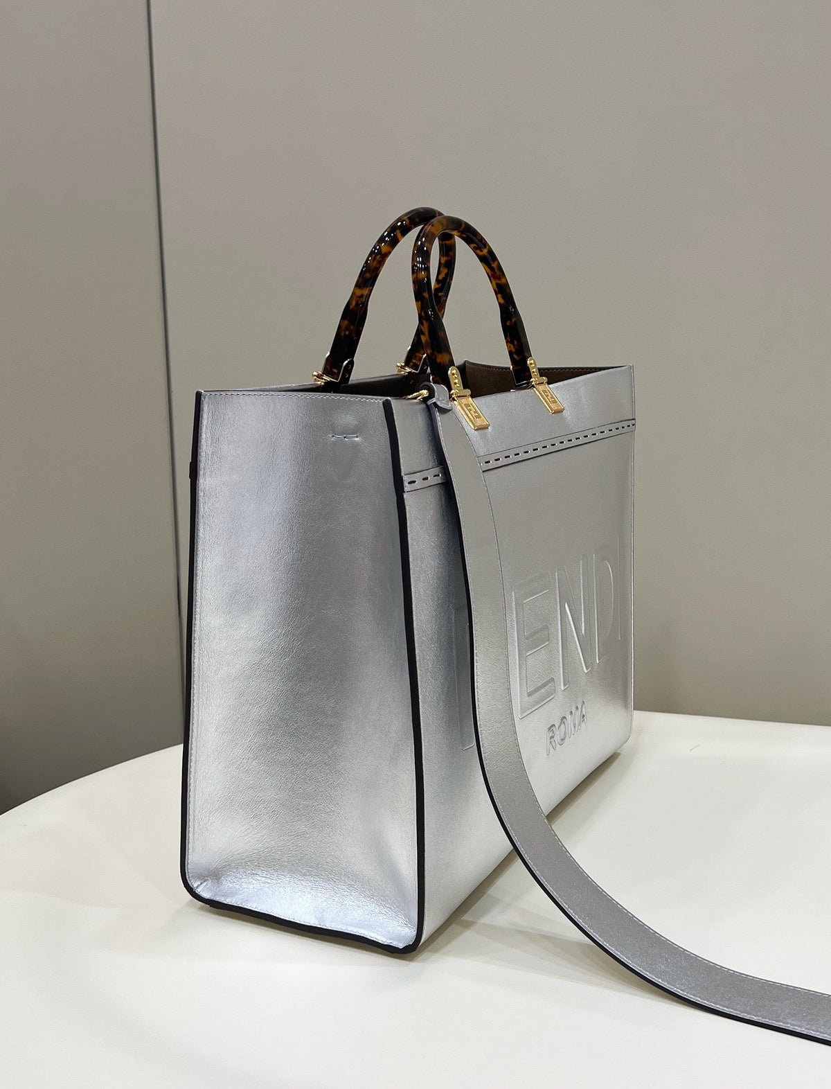 Fendi Shine Large 35 Tote in Silver Calfskin