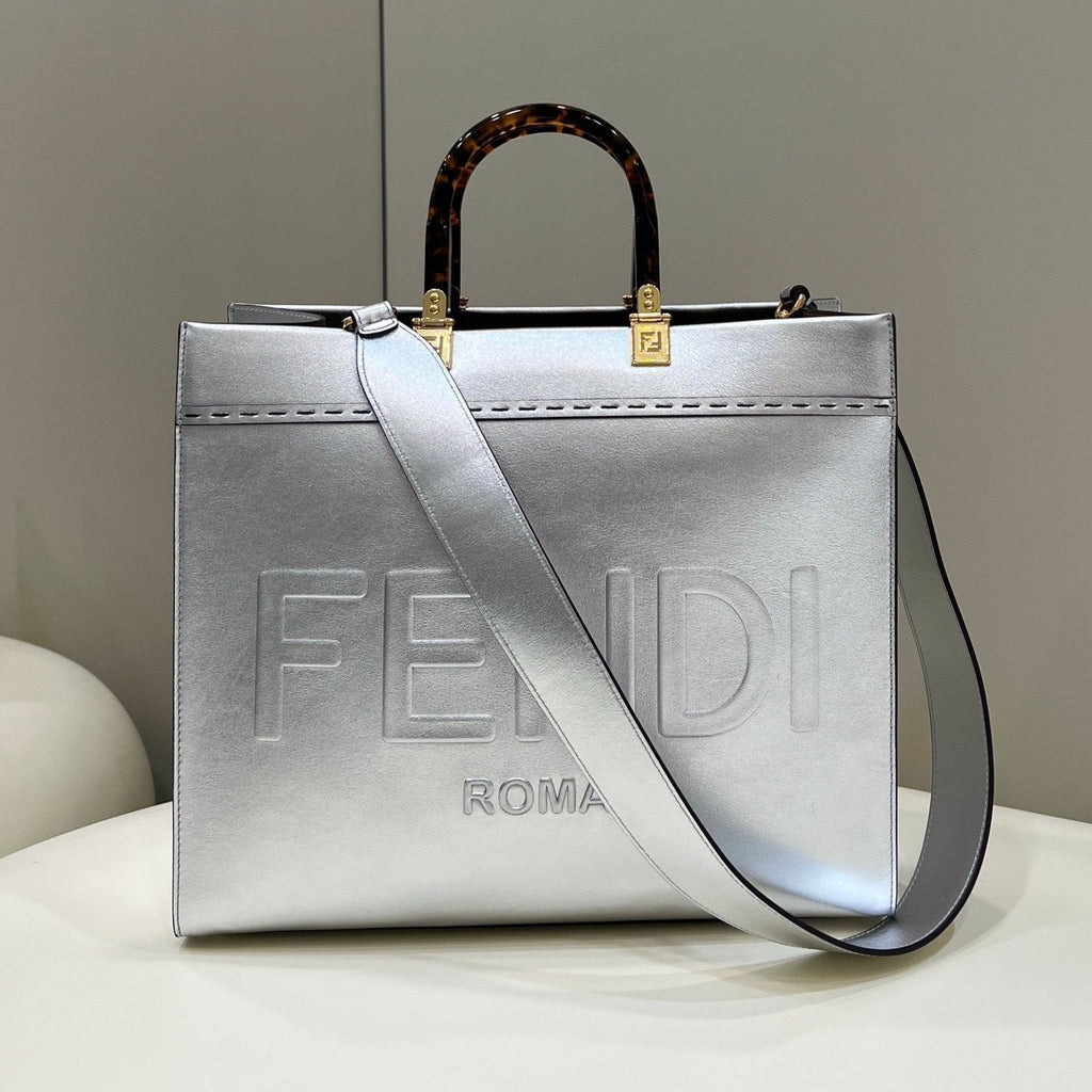 Fendi Shine Large 35 Tote in Silver Calfskin