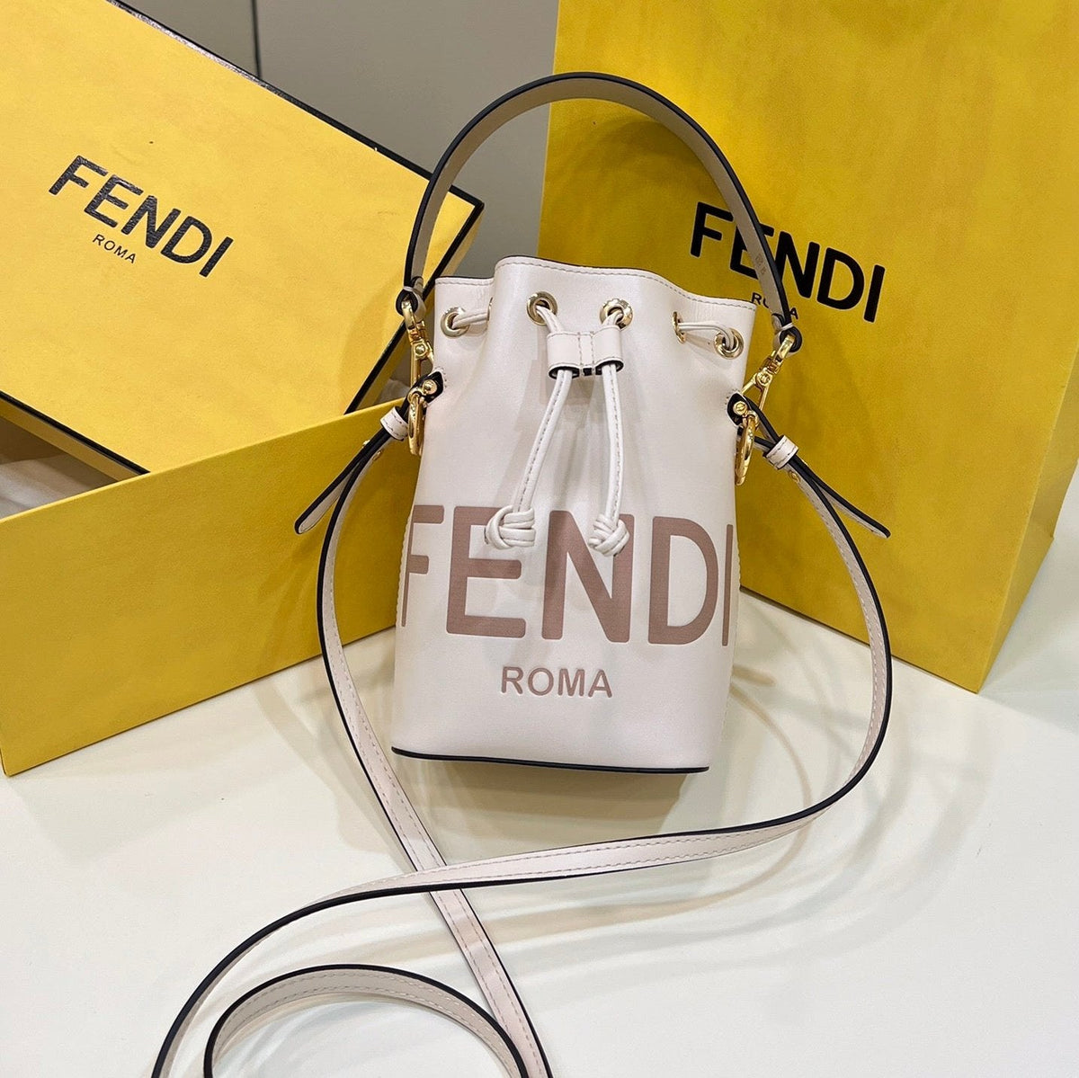 Fendi Mon Tresor Mini 18 Bag in White Calfskin Ff with Gold Hardware