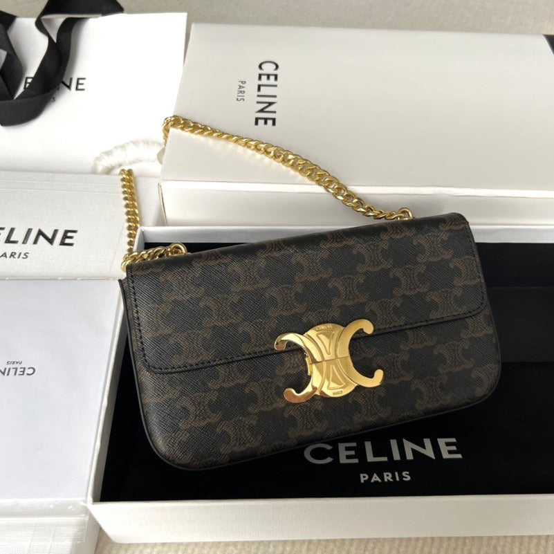 Celine Triphome 20 Black Pattern Cowhide Leather Chain Strap Bag