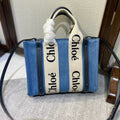 Small Strap Woody Tote Bag 26.5 in Blue Denim Canvas Dark Blue Calfskin