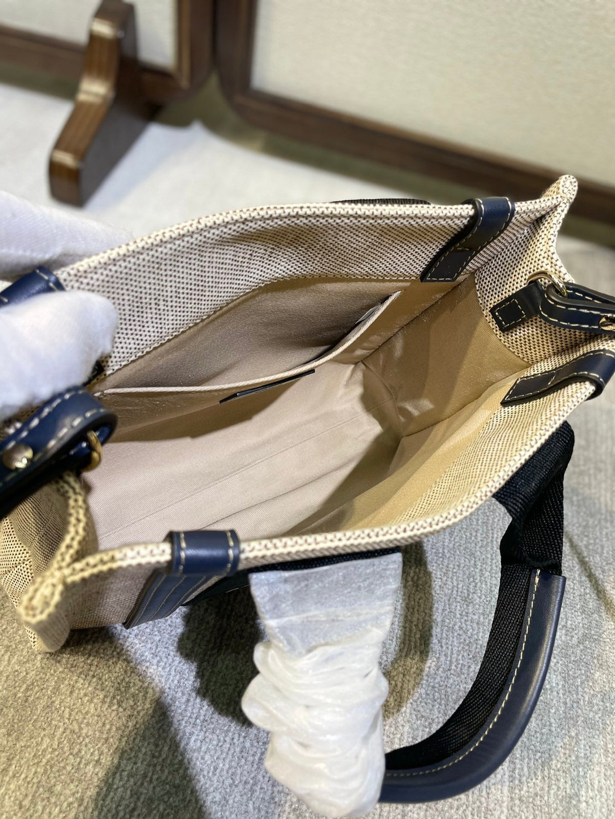 Small Strap Woody Tote Bag 26.5 in Beige Linen Canvas Black Webbing Dark Blue Calfskin