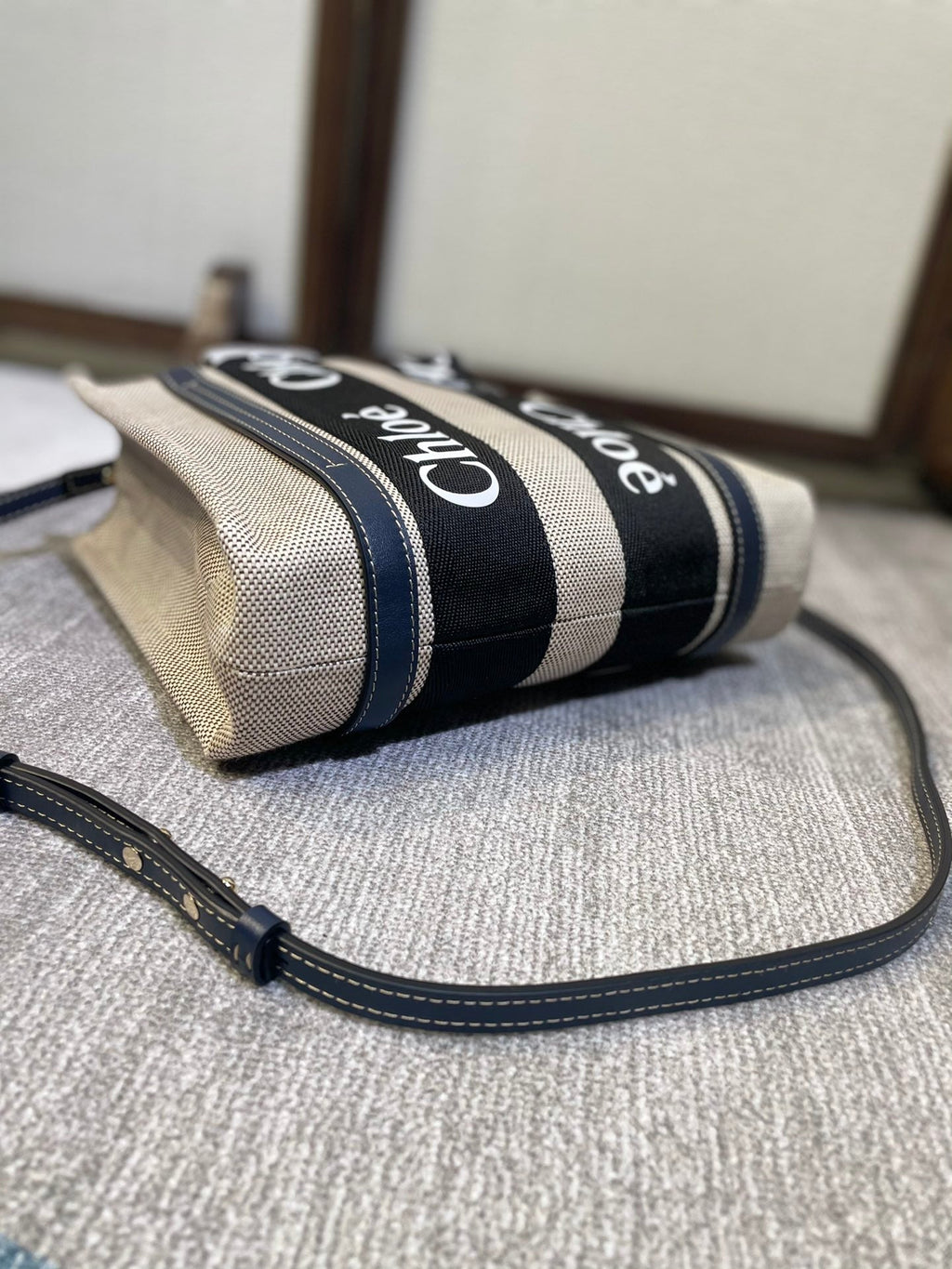 Small Strap Woody Tote Bag 26.5 in Beige Linen Canvas Black Webbing Dark Blue Calfskin