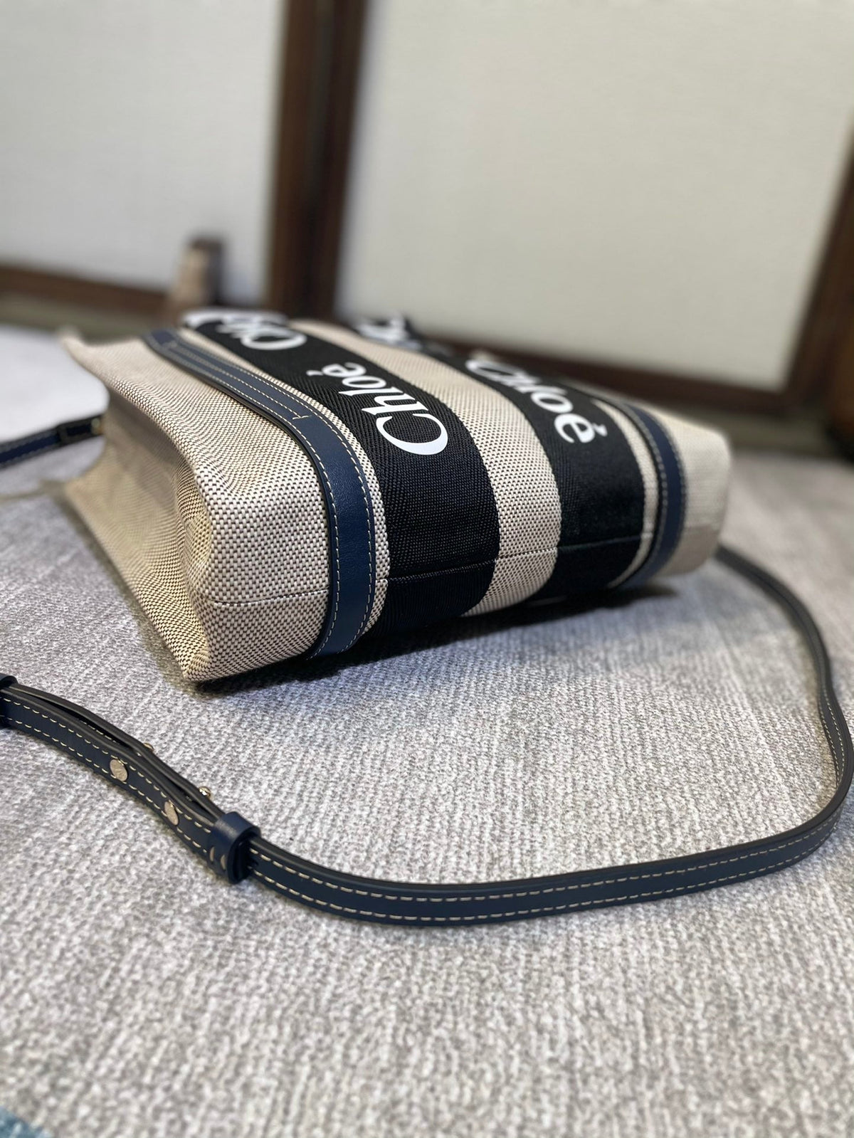 Small Strap Woody Tote Bag 26.5 in Beige Linen Canvas Black Webbing Dark Blue Calfskin