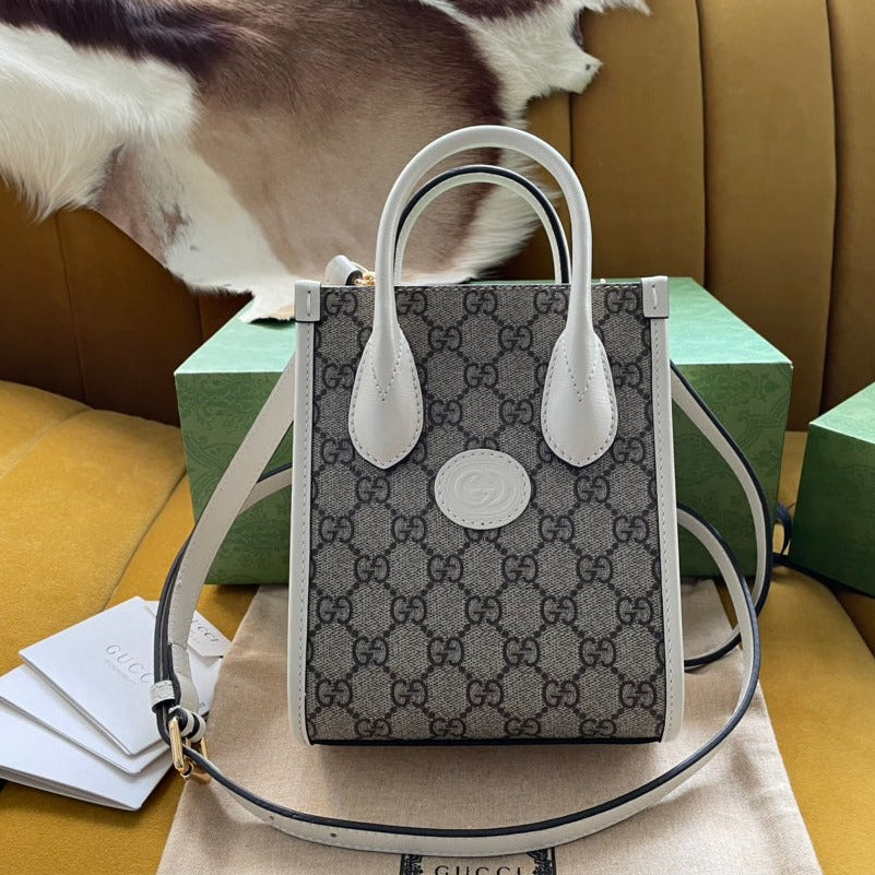 Gucci Mini Tote 20 Bag in Beige Canvas and White Calfskin
