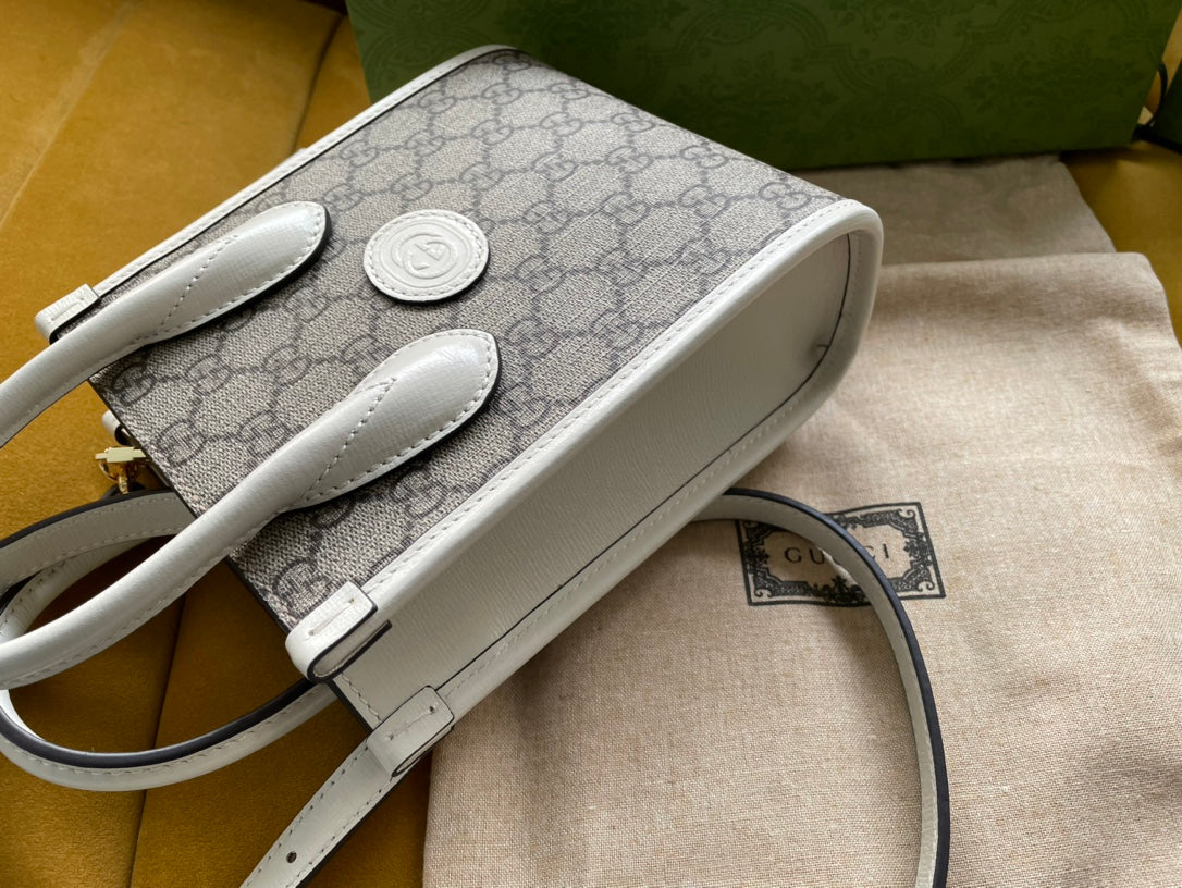 Gucci Mini Tote 20 Bag in Beige Canvas and White Calfskin