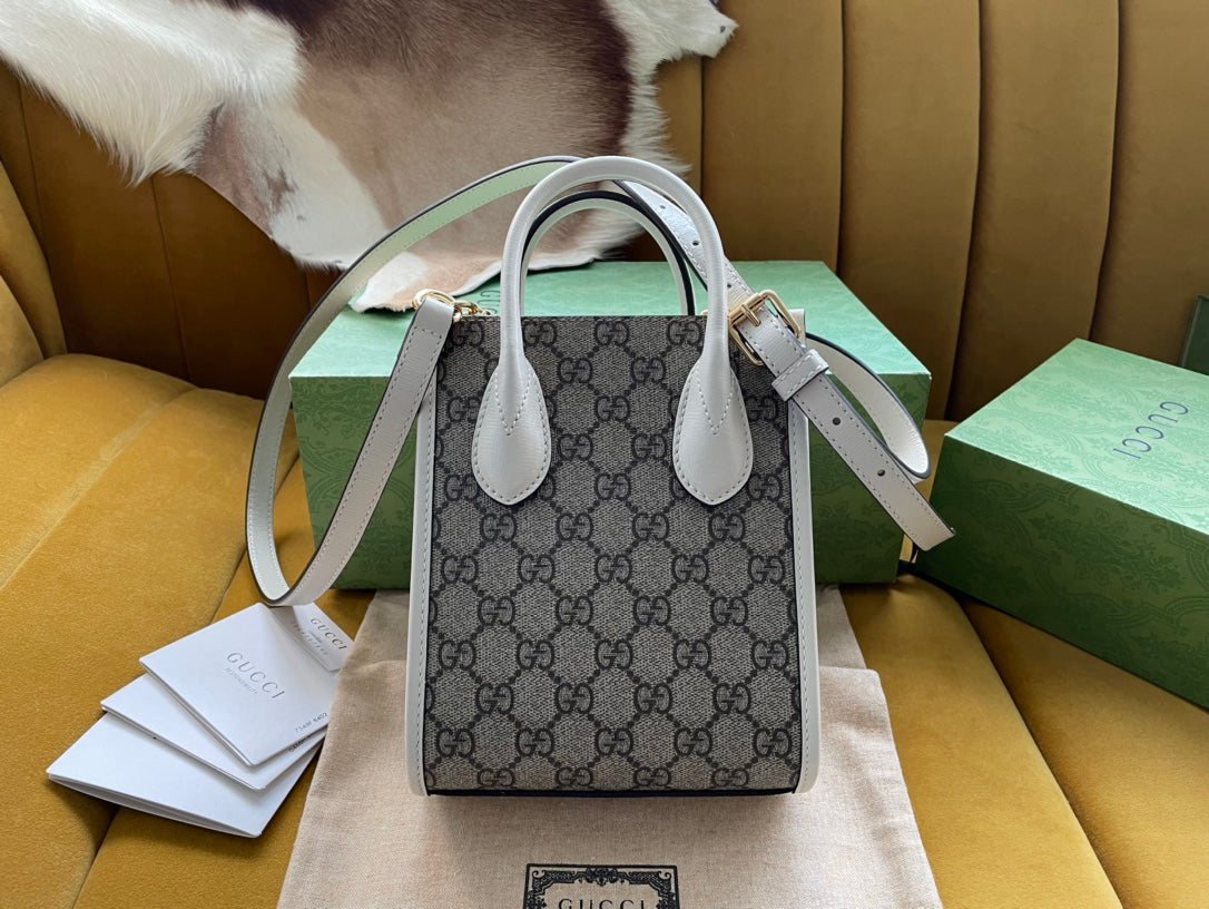 Gucci Mini Tote 20 Bag in Beige Canvas and White Calfskin