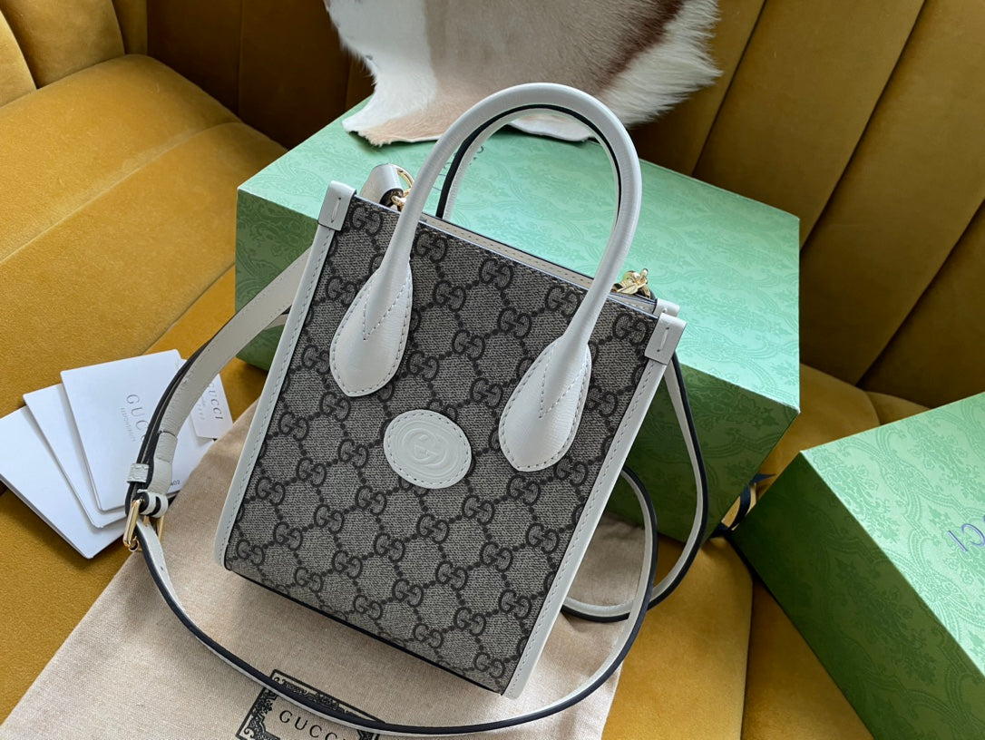 Gucci Mini Tote 20 Bag in Beige Canvas and White Calfskin