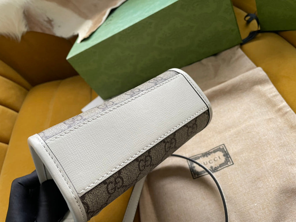 Gucci Mini Tote 20 Bag in Beige Canvas and White Calfskin