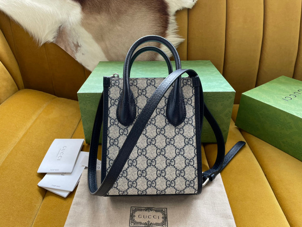 Gucci Mini Tote 20 Bag in Beige Canvas and Black Calfskin