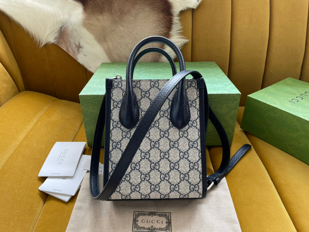 Gucci Mini Tote 20 Bag in Beige Canvas and Black Calfskin