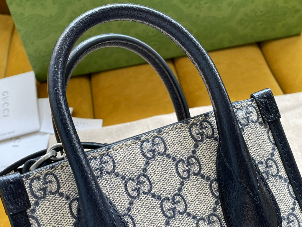 Gucci Mini Tote 20 Bag in Beige Canvas and Black Calfskin