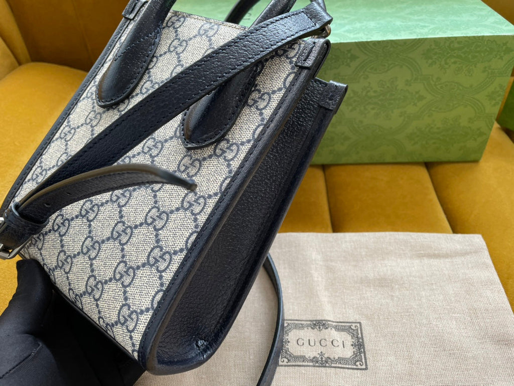 Gucci Mini Tote 20 Bag in Beige Canvas and Black Calfskin