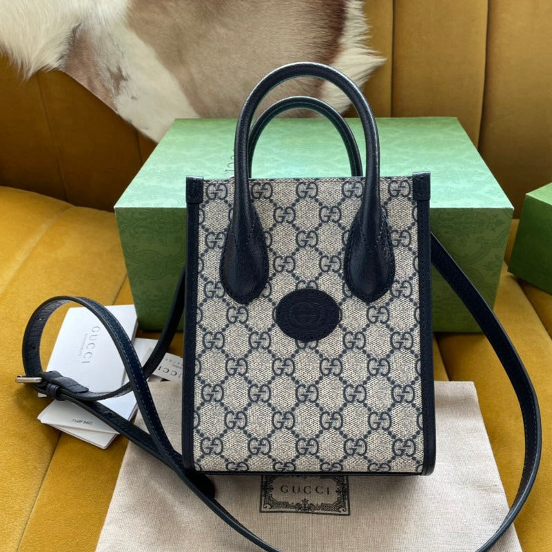 Gucci Mini Tote 20 Bag in Beige Canvas and Black Calfskin