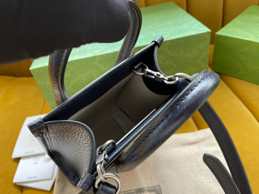 Gucci Mini Tote 20 Bag in Beige Canvas and Black Calfskin
