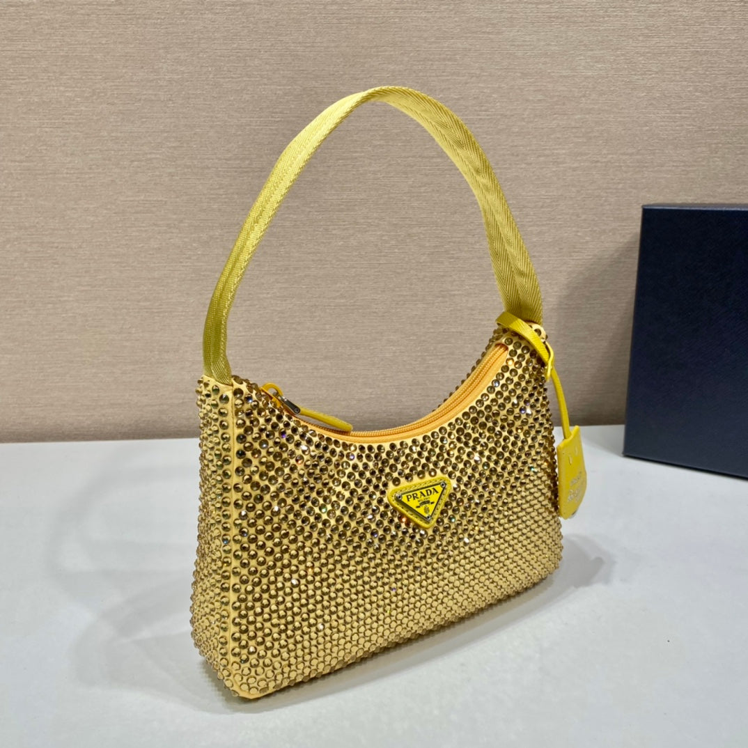 Prada Sparkling Hobo Bag 23 in Yellow Nylon Attached Fully Crystals