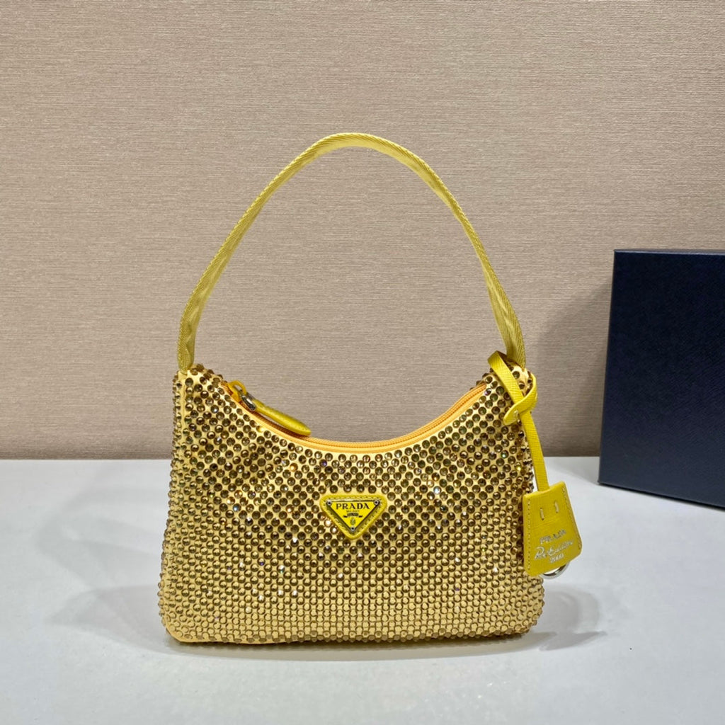 Prada Sparkling Hobo Bag 23 in Yellow Nylon Attached Fully Crystals
