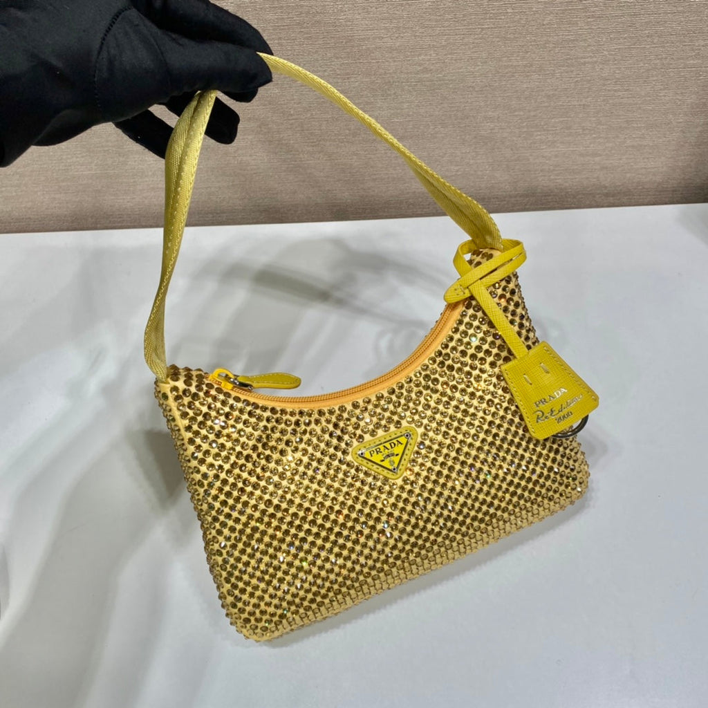 Prada Sparkling Hobo Bag 23 in Yellow Nylon Attached Fully Crystals
