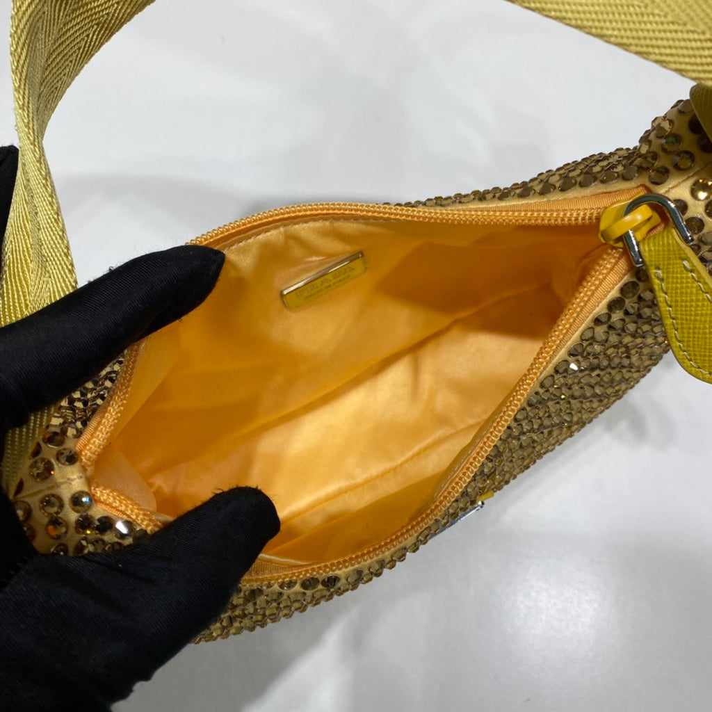 Prada Sparkling Hobo Bag 23 in Yellow Nylon Attached Fully Crystals